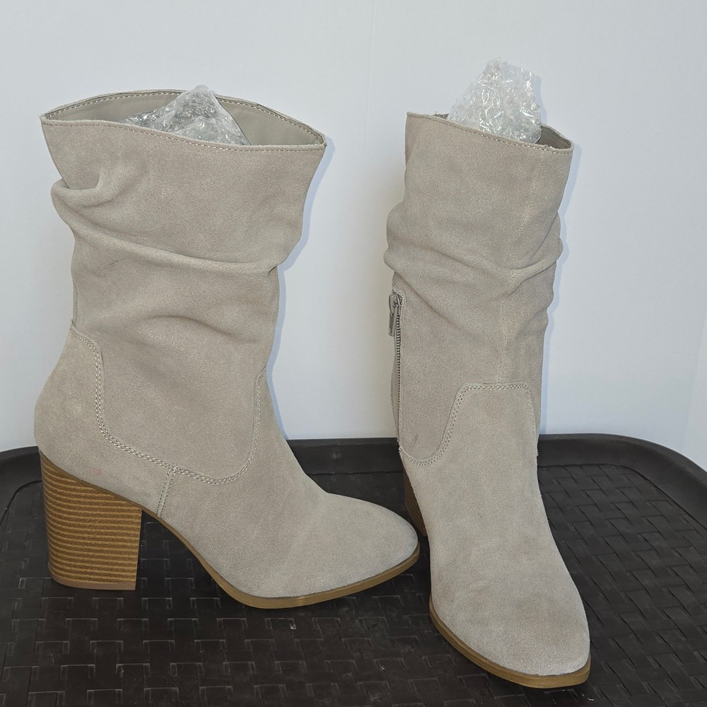 Crown & Ivy Zodiac Slouch Boots Womens 8 Grey Suede Leather Block Heel